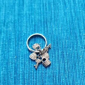 Silver Charm Ring with Heart and Key Pendants